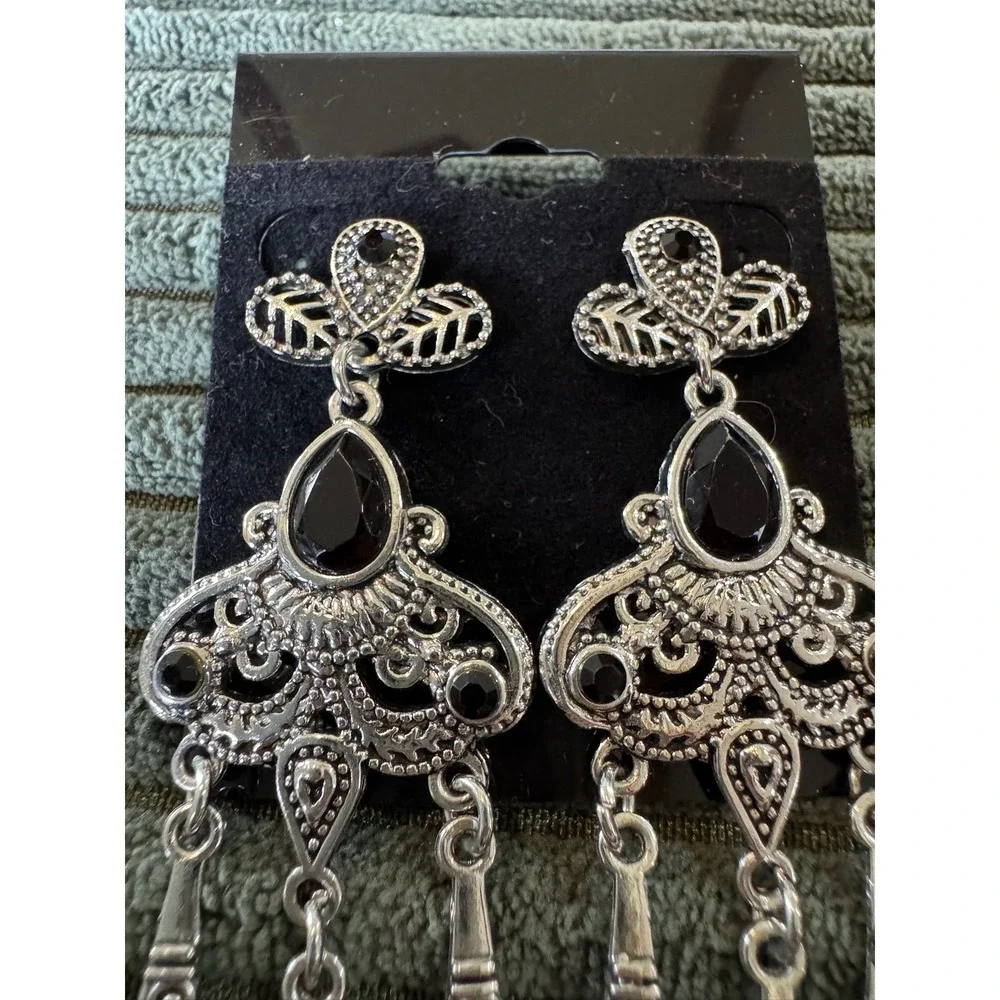 Silver Tone Dangle Earrings with‎ Black Accents, Statement Fashion Jewelry
